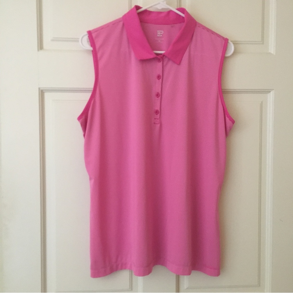 EP Golf Top (XL) Women’s Sleeveless Tank Top Pink White Stripe Button VNeck